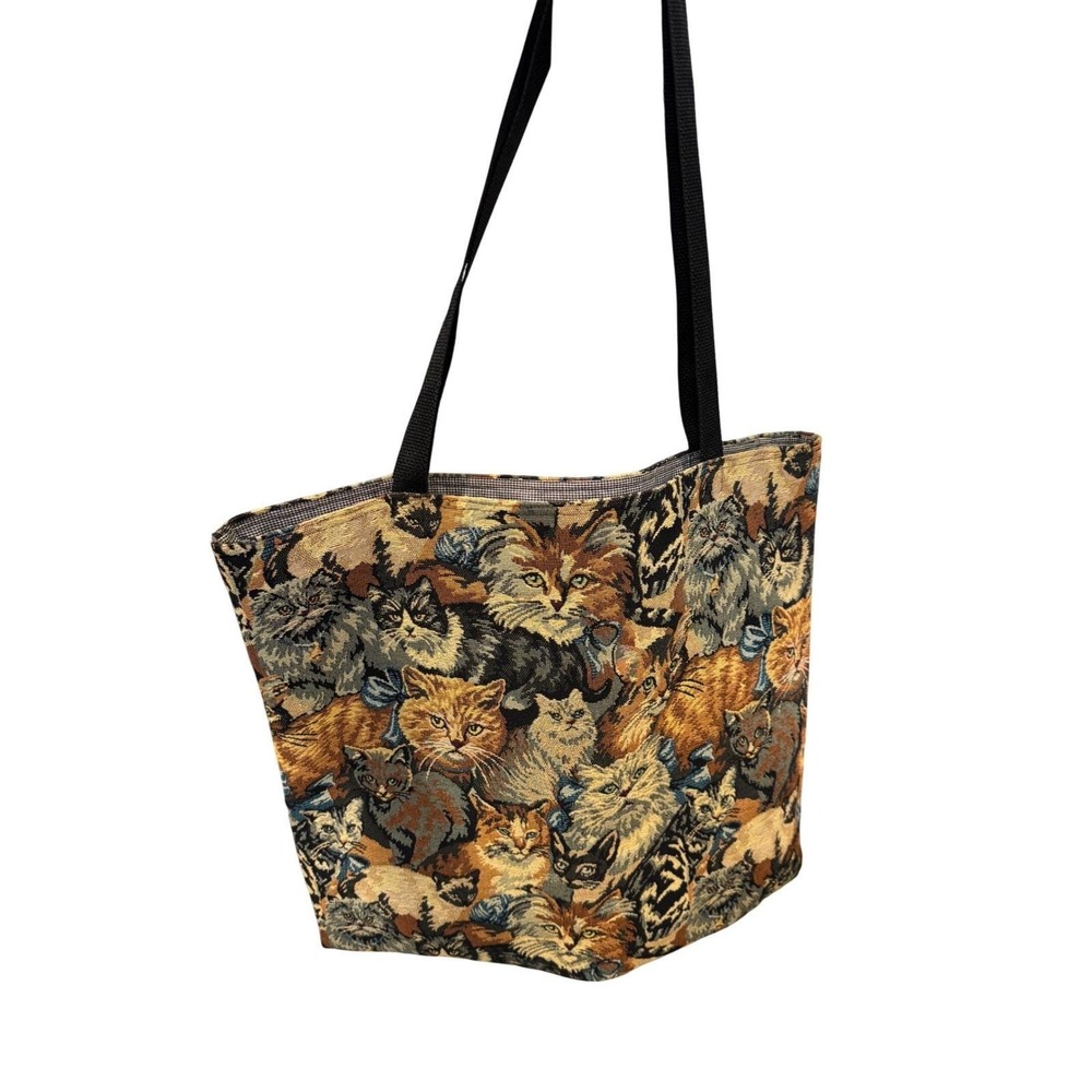 Vintage Cat Tapestry Tote Bag Woven Kitten All Over Print Checked Lining Large